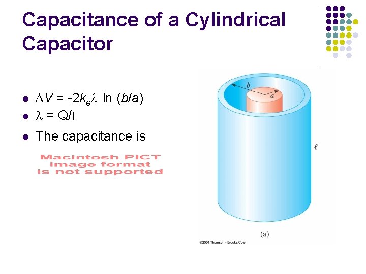 Capacitance of a Cylindrical Capacitor l DV = -2 keλ ln (b/a) l =