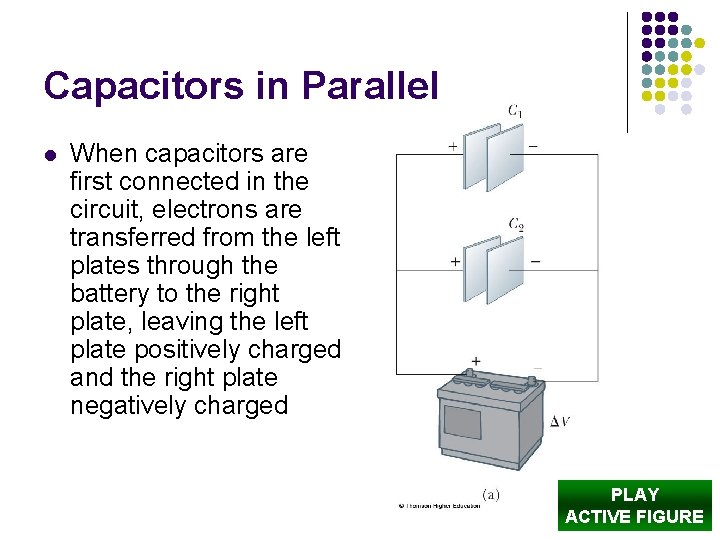 Capacitors in Parallel l When capacitors are first connected in the circuit, electrons are