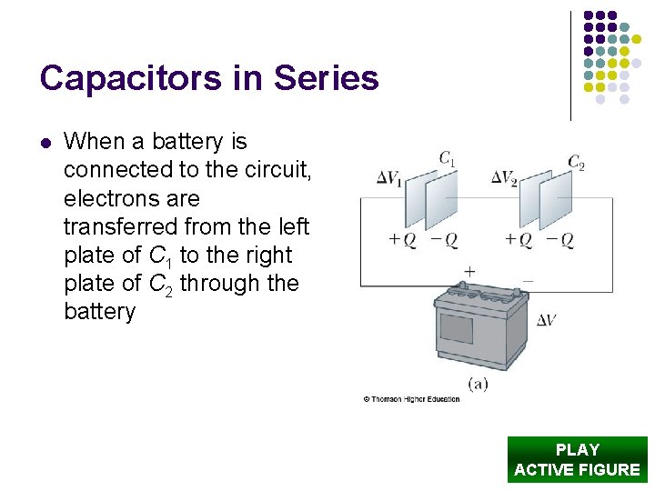 Capacitors in Series l When a battery is connected to the circuit, electrons are