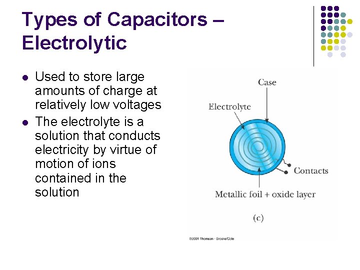 Types of Capacitors – Electrolytic l l Used to store large amounts of charge