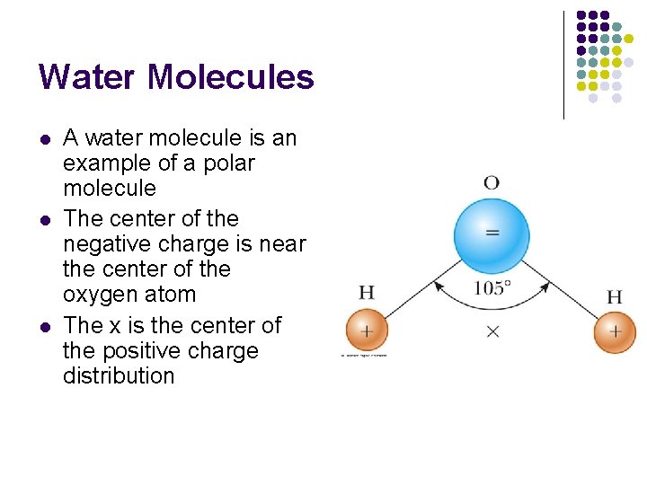 Water Molecules l l l A water molecule is an example of a polar