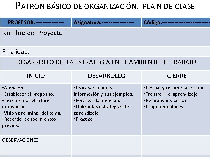 PATRON BÁSICO DE ORGANIZACIÓN. PLA N DE CLASE PROFESOR: -------- Asignatura: --------- Código: -------------- PATRON BÁSICO DE ORGANIZACIÓN. PLA N DE CLASE PROFESOR: -------- Asignatura: --------- Código: --------------