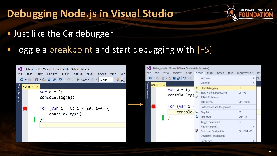Debugging Node. js in Visual Studio § Just like the C# debugger § Toggle