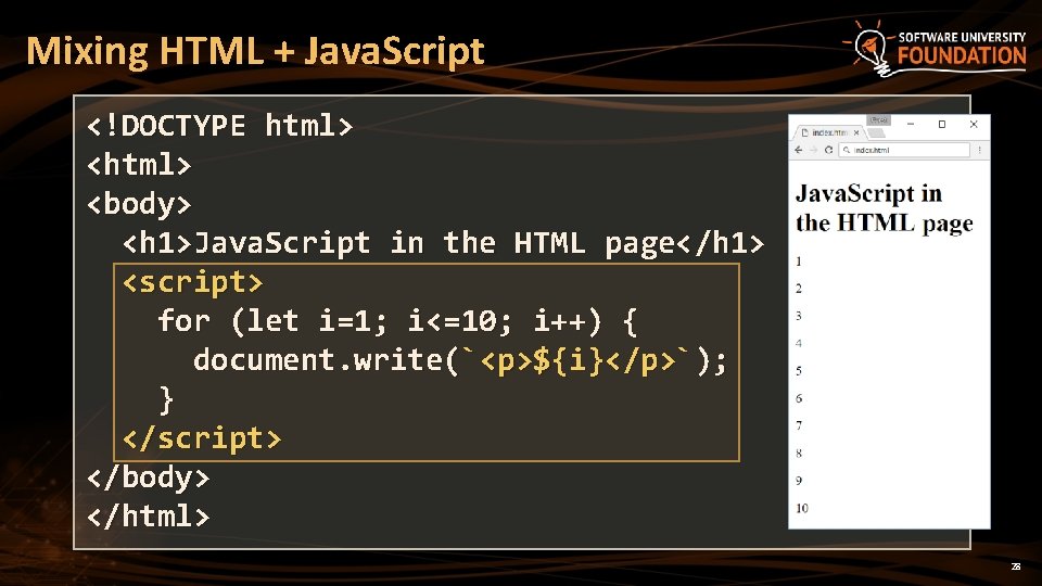 Mixing HTML + Java. Script <!DOCTYPE html> <body> <h 1>Java. Script in the HTML