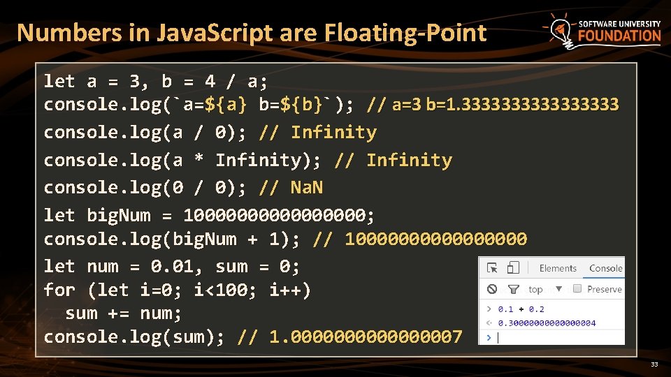 Numbers in Java. Script are Floating-Point let a = 3, b = 4 /