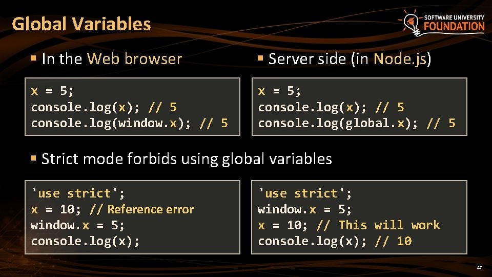 Global Variables § In the Web browser § Server side (in Node. js) x