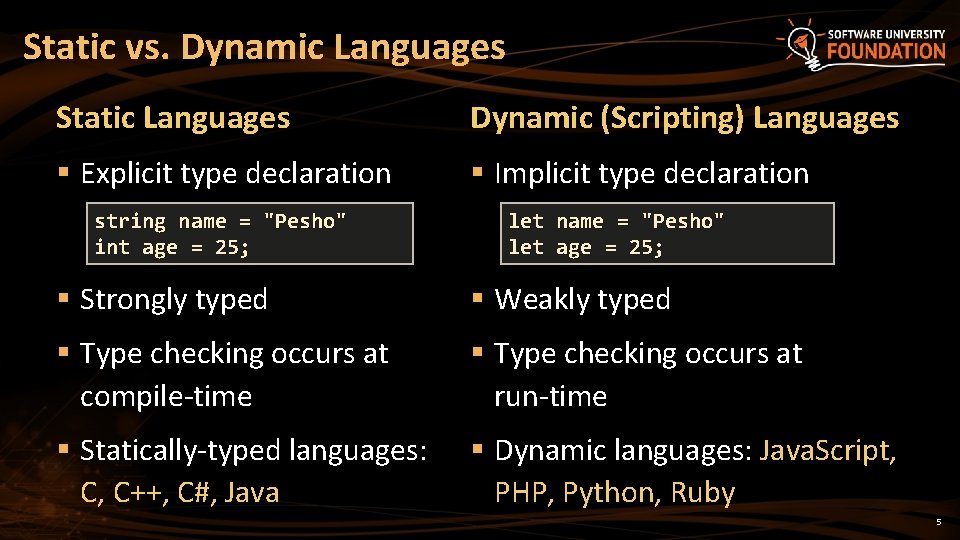 Static vs. Dynamic Languages Static Languages Dynamic (Scripting) Languages § Explicit type declaration §