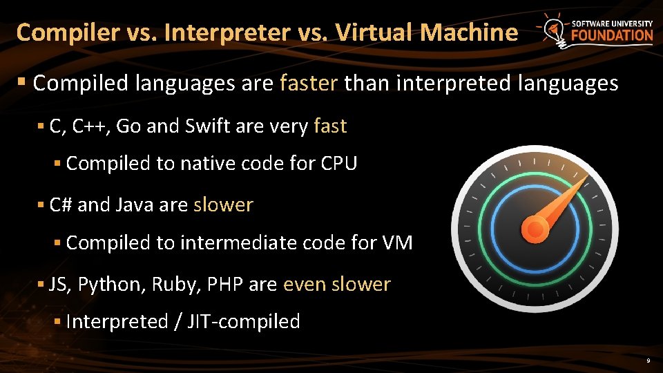 Compiler vs. Interpreter vs. Virtual Machine § Compiled languages are faster than interpreted languages