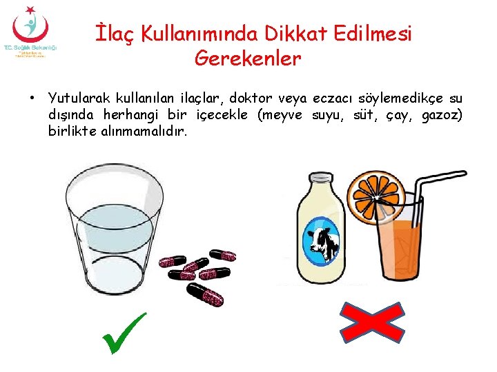 İlaç Kullanımında Dikkat Edilmesi Gerekenler • Yutularak kullanılan ilaçlar, doktor veya eczacı söylemedikçe su