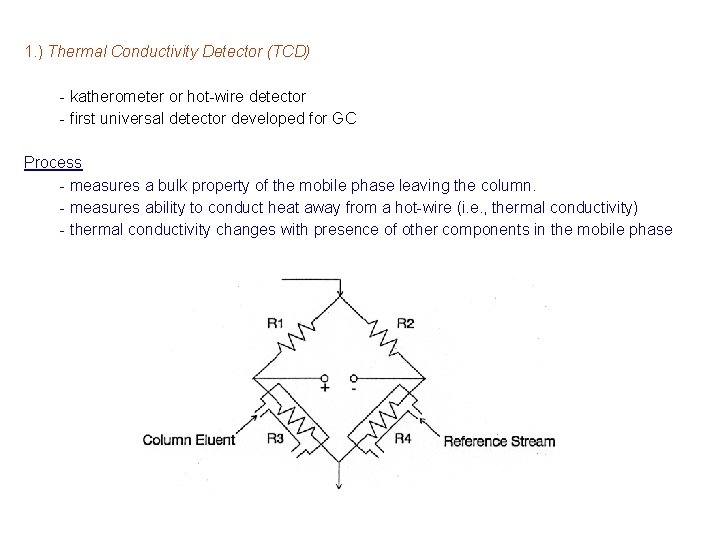 1. ) Thermal Conductivity Detector (TCD) - katherometer or hot-wire detector - first universal