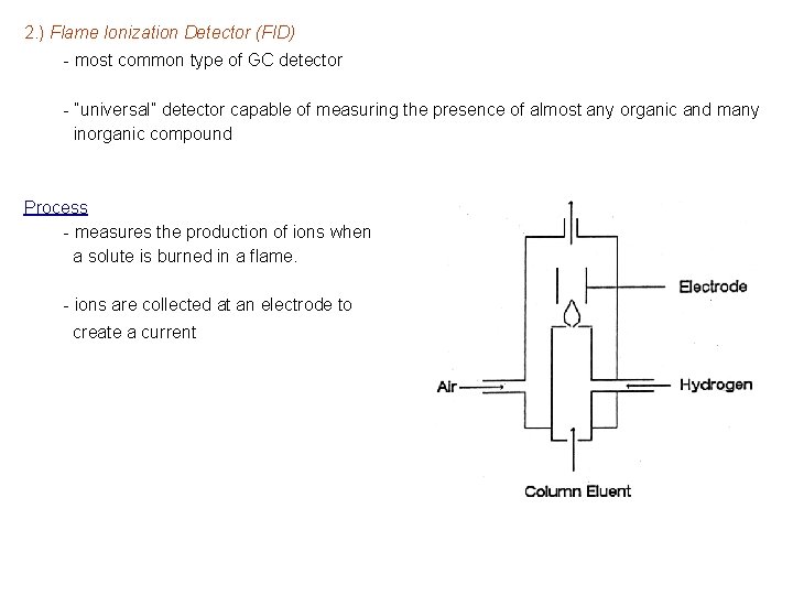 2. ) Flame Ionization Detector (FID) - most common type of GC detector -