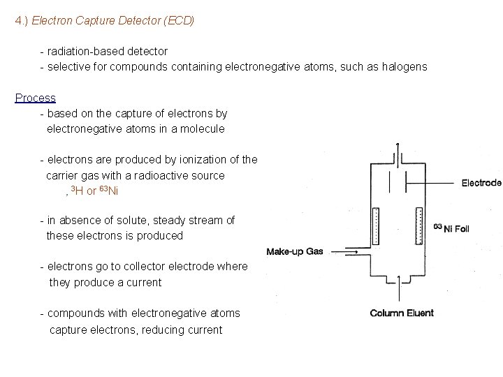 4. ) Electron Capture Detector (ECD) - radiation-based detector - selective for compounds containing