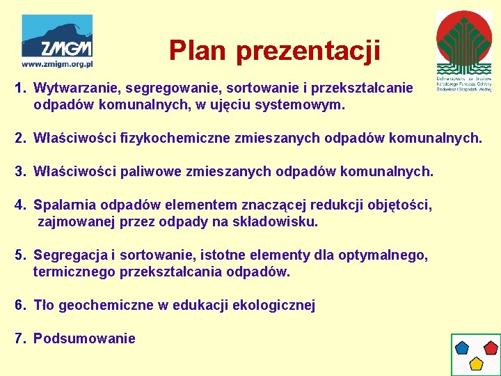 Plan prezentacji 1. Wytwarzanie, segregowanie, sortowanie i przekształcanie odpadów komunalnych, w ujęciu systemowym. 2. Plan prezentacji 1. Wytwarzanie, segregowanie, sortowanie i przekształcanie odpadów komunalnych, w ujęciu systemowym. 2.