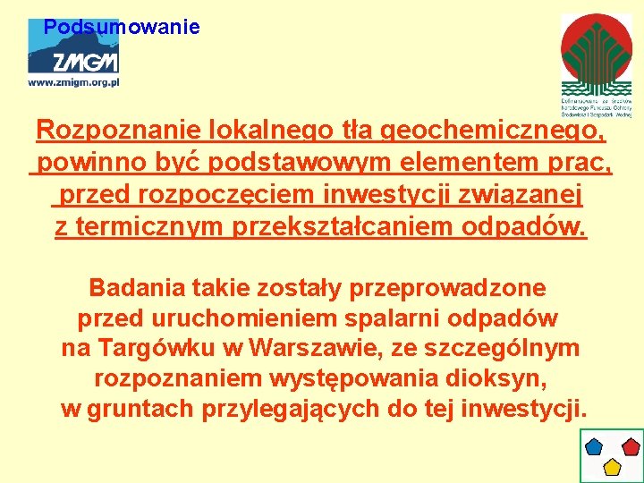 Podsumowanie Rozpoznanie lokalnego tła geochemicznego, powinno być podstawowym elementem prac, przed rozpoczęciem inwestycji związanej