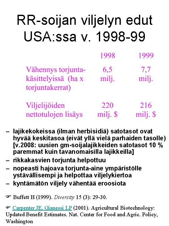 RR-soijan viljelyn edut USA: ssa v. 1998 -99 – lajikekokeissa (ilman herbisidiä) satotasot ovat