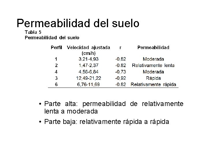 Permeabilidad del suelo • Parte alta: permeabilidad de relativamente lenta a moderada • Parte