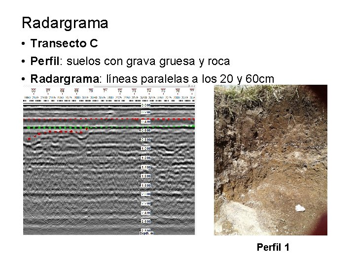 Radargrama • Transecto C • Perfil: suelos con grava gruesa y roca • Radargrama: