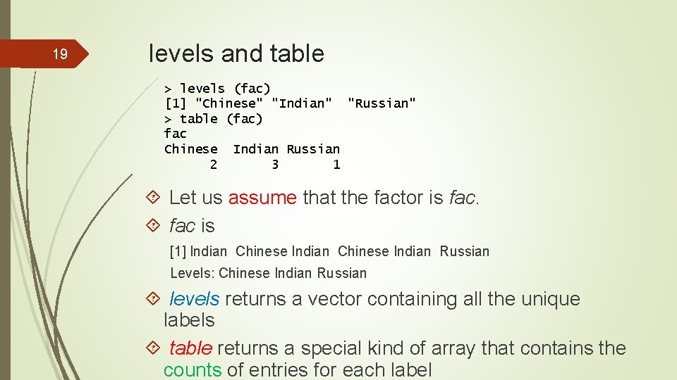 19 levels and table > levels (fac) [1] "Chinese" "Indian" "Russian" > table (fac)