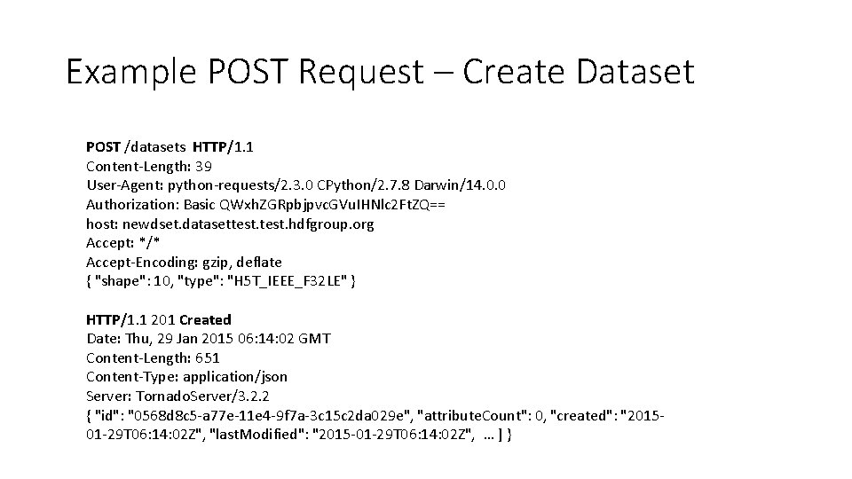 Example POST Request – Create Dataset POST /datasets HTTP/1. 1 Content-Length: 39 User-Agent: python-requests/2. Example POST Request – Create Dataset POST /datasets HTTP/1. 1 Content-Length: 39 User-Agent: python-requests/2.