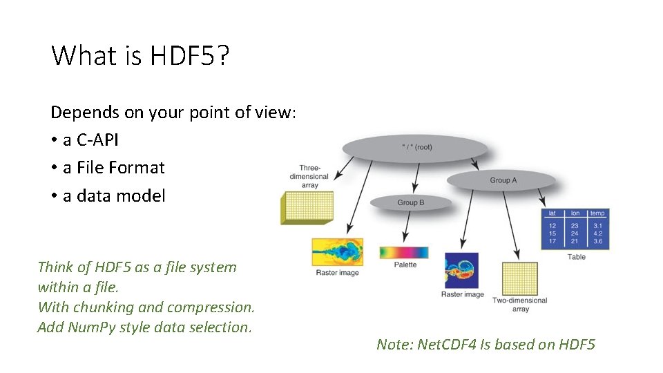 What is HDF 5? Depends on your point of view: • a C-API • What is HDF 5? Depends on your point of view: • a C-API •