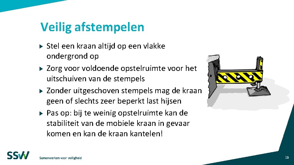 Veilig afstempelen Stel een kraan altijd op een vlakke ondergrond op Zorg voor voldoende Veilig afstempelen Stel een kraan altijd op een vlakke ondergrond op Zorg voor voldoende