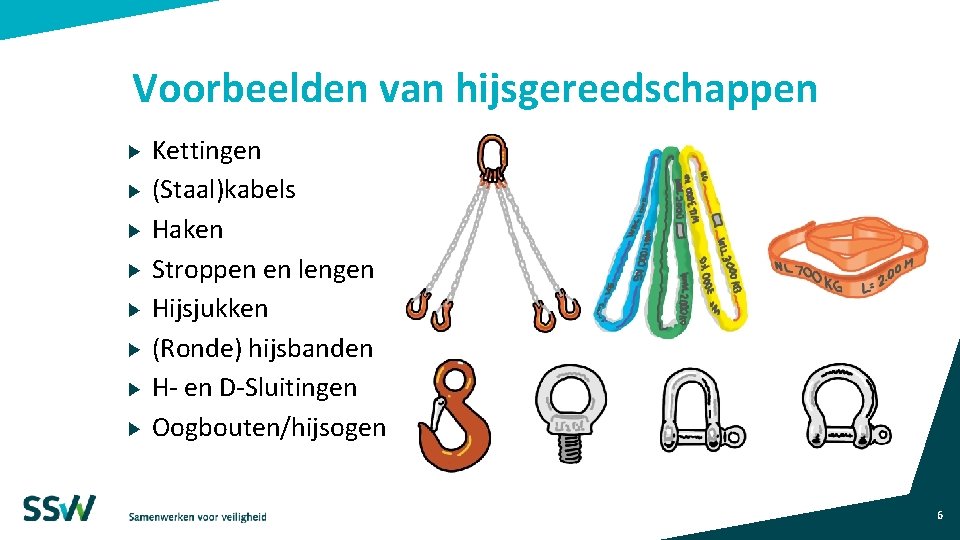 Voorbeelden van hijsgereedschappen Kettingen (Staal)kabels Haken Stroppen en lengen Hijsjukken (Ronde) hijsbanden H- en Voorbeelden van hijsgereedschappen Kettingen (Staal)kabels Haken Stroppen en lengen Hijsjukken (Ronde) hijsbanden H- en