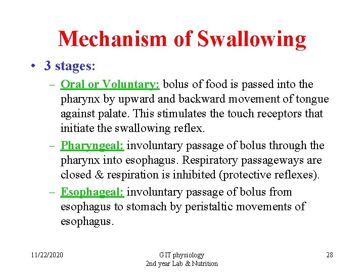 Mechanism of Swallowing • 3 stages: – Oral or Voluntary: bolus of food is