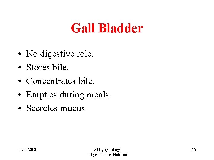 Gall Bladder • • • No digestive role. Stores bile. Concentrates bile. Empties during