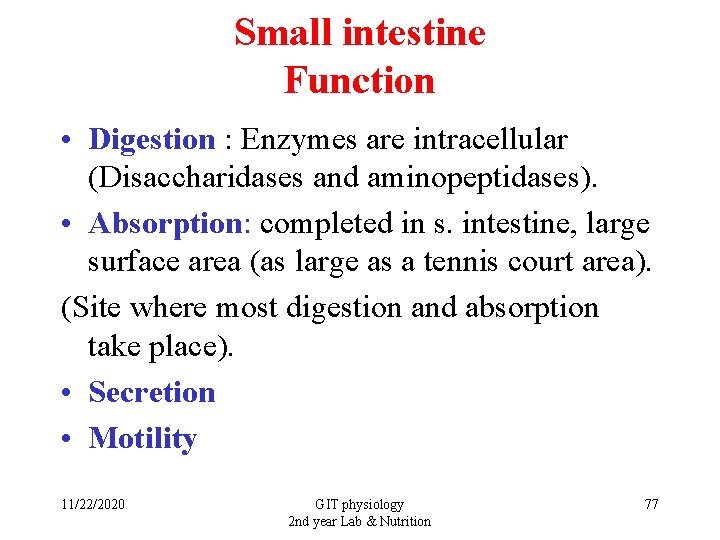 Small intestine Function • Digestion : Enzymes are intracellular (Disaccharidases and aminopeptidases). • Absorption: