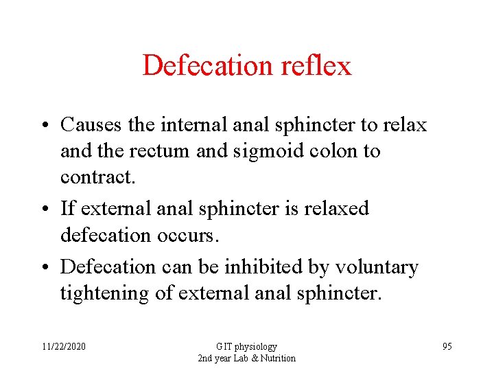 Defecation reflex • Causes the internal anal sphincter to relax and the rectum and