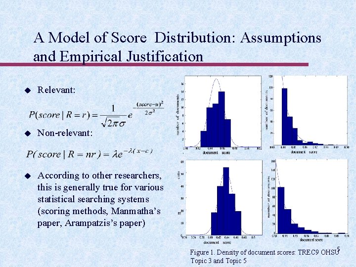 A Model of Score Distribution: Assumptions and Empirical Justification u Relevant: u Non-relevant: u
