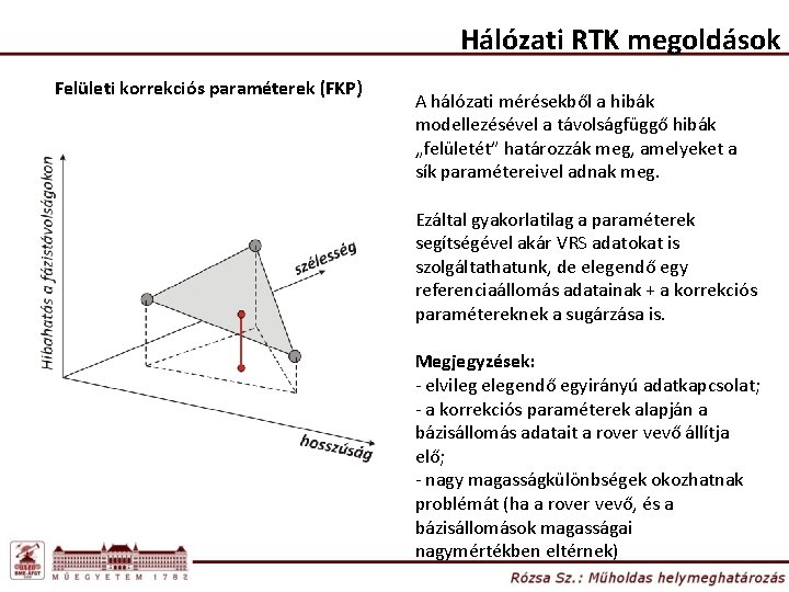 Hálózati RTK megoldások Felületi korrekciós paraméterek (FKP) A hálózati mérésekből a hibák modellezésével a
