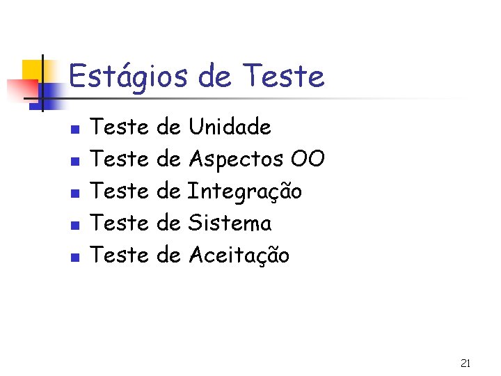 Estágios de Teste n n n Teste de Unidade Teste de Aspectos OO Teste