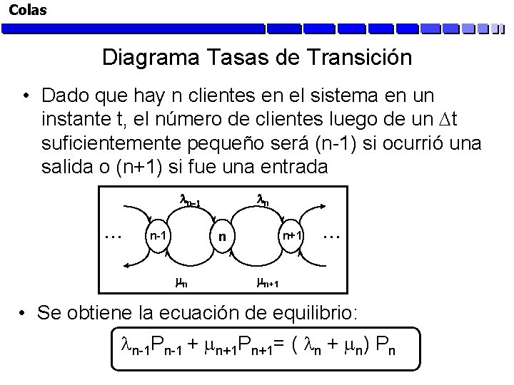 Colas Diagrama Tasas de Transición • Dado que hay n clientes en el sistema