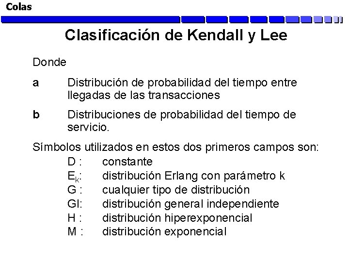 Colas Clasificación de Kendall y Lee Donde a Distribución de probabilidad del tiempo entre