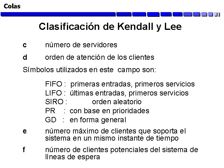 Colas Clasificación de Kendall y Lee c número de servidores d orden de atención
