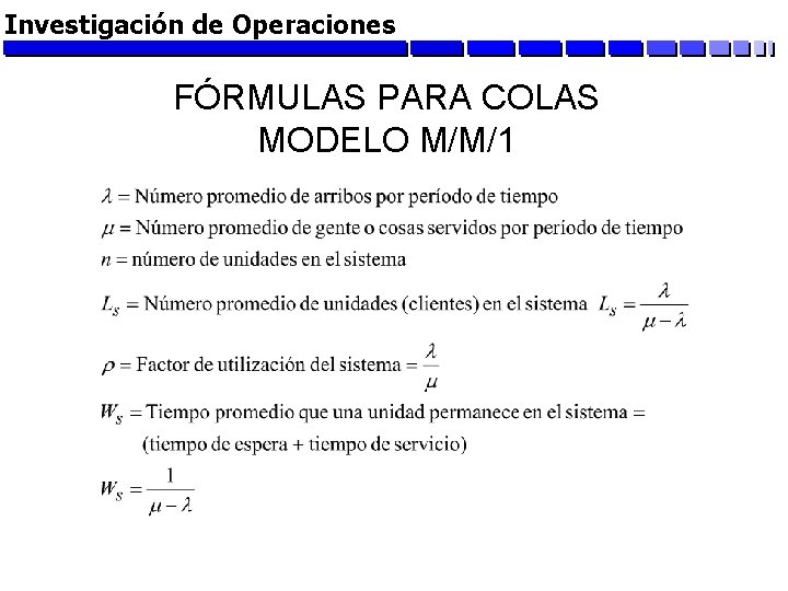 Investigación de Operaciones FÓRMULAS PARA COLAS MODELO M/M/1 