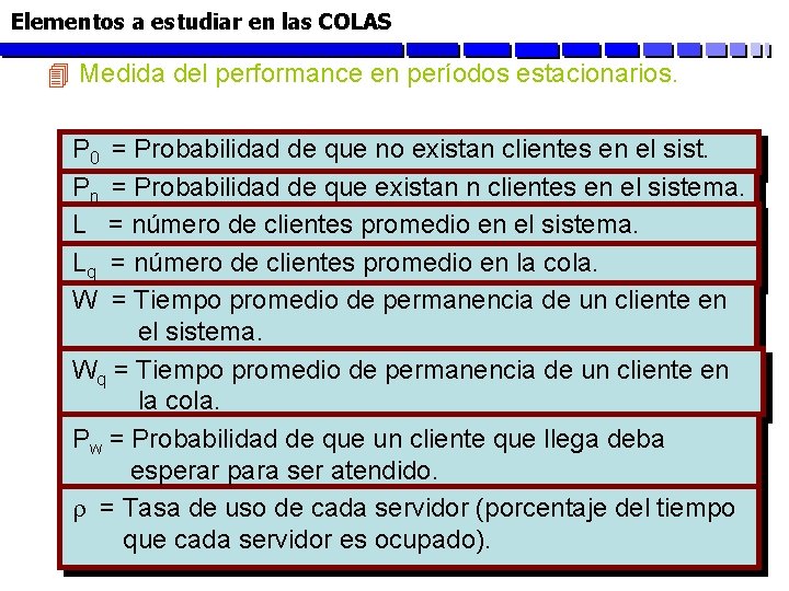 Elementos a estudiar en las COLAS 4 Medida del performance en períodos estacionarios. P