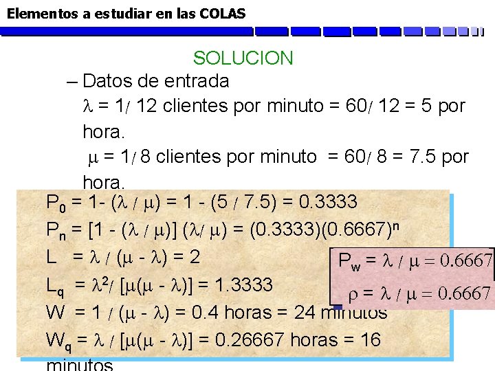 Elementos a estudiar en las COLAS SOLUCION – Datos de entrada = 1/ 12