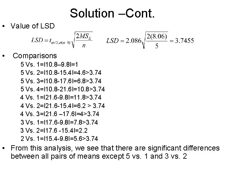 Solution –Cont. • Value of LSD • Comparisons 5 Vs. 1=I 10. 8– 9.