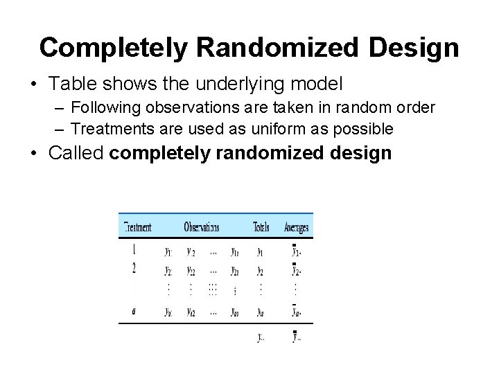 Completely Randomized Design • Table shows the underlying model – Following observations are taken