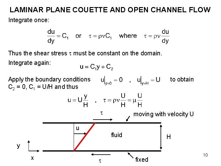 LAMINAR PLANE COUETTE AND OPEN CHANNEL FLOW Integrate once: Thus the shear stress must
