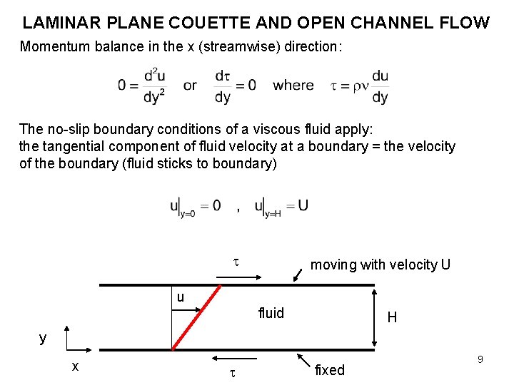 LAMINAR PLANE COUETTE AND OPEN CHANNEL FLOW Momentum balance in the x (streamwise) direction: