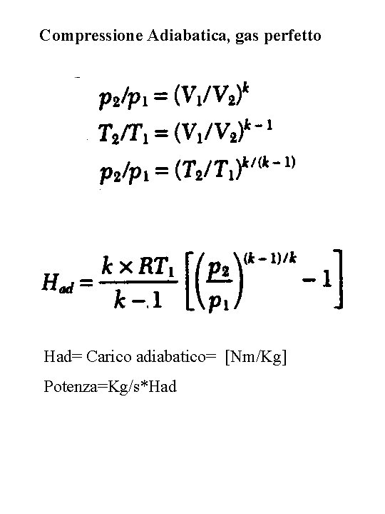 Compressione Adiabatica, gas perfetto Had= Carico adiabatico= [Nm/Kg] Potenza=Kg/s*Had 