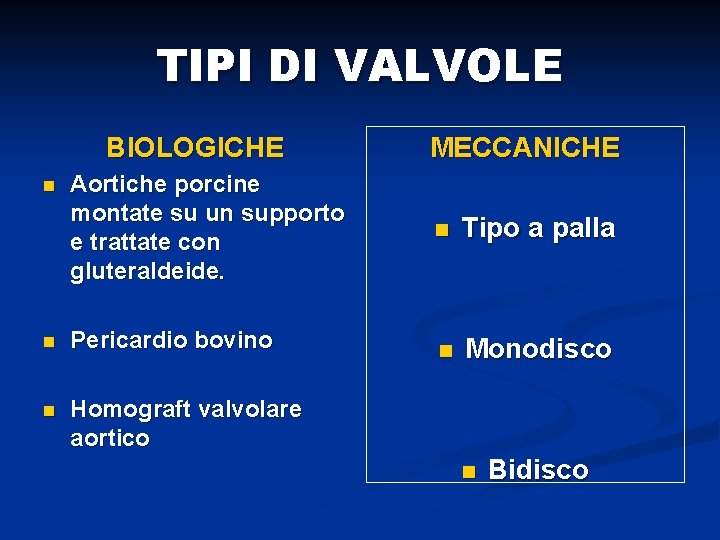 TIPI DI VALVOLE BIOLOGICHE n Aortiche porcine montate su un supporto e trattate con