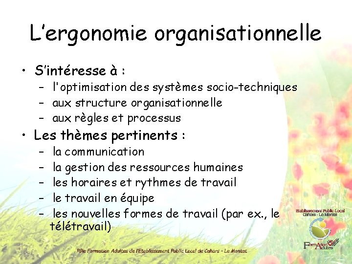 L’ergonomie organisationnelle • S’intéresse à : –  l'optimisation des systèmes socio-techniques –  aux structure