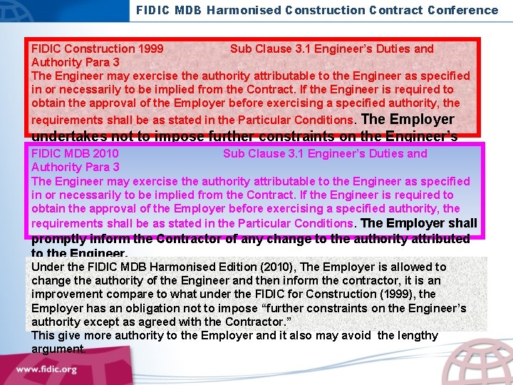 FIDIC MDB Harmonised Construction Contract Conference FIDIC Construction 1999 Sub Clause 3. 1 Engineer’s