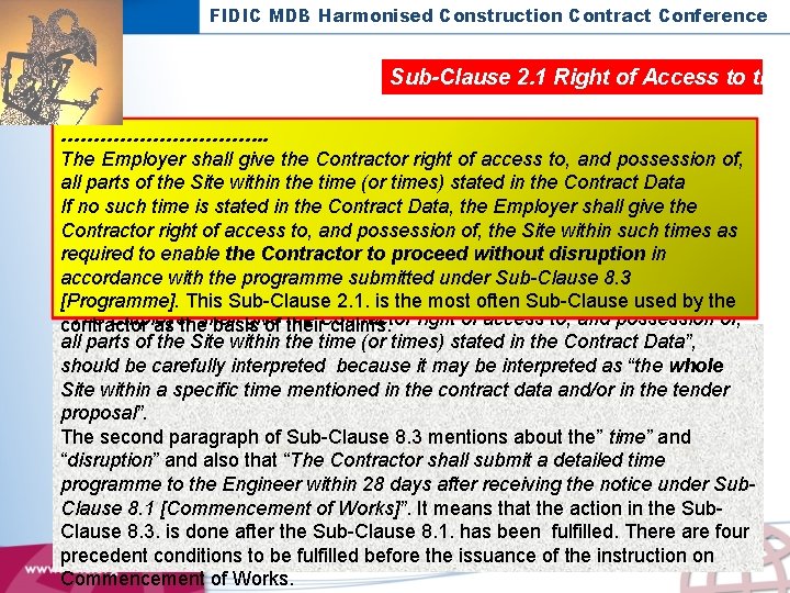 FIDIC MDB Harmonised Construction Contract Conference Sub-Clause 2. 1 Right of Access to the