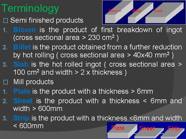 Terminology Semi finished products 1. Bloom is the product of first breakdown of ingot Terminology Semi finished products 1. Bloom is the product of first breakdown of ingot