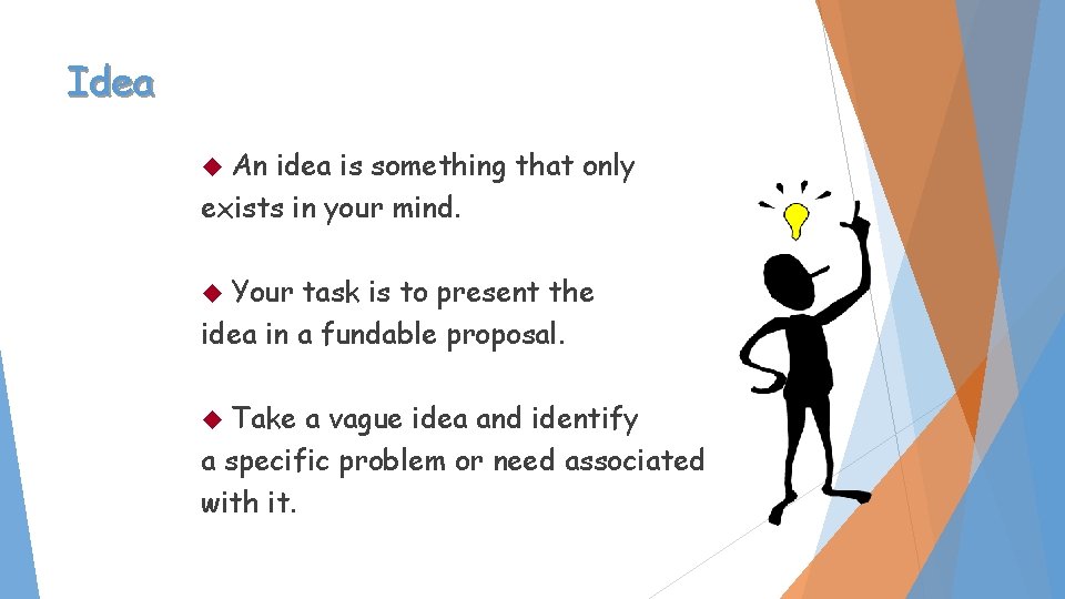 Idea An idea is something that only exists in your mind. Your task is